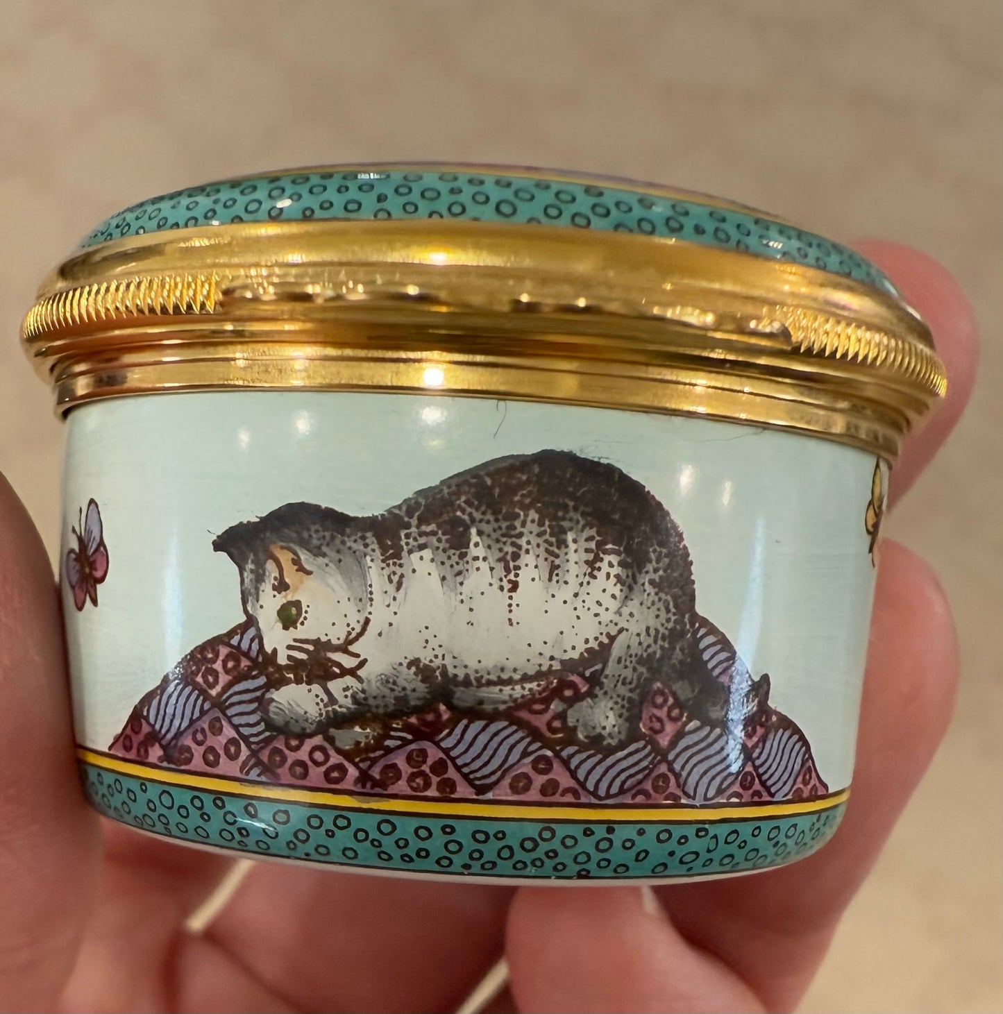 ๐พ Halcyon Days English Enamel Trinket Box โ Three Cats & Butterflies
