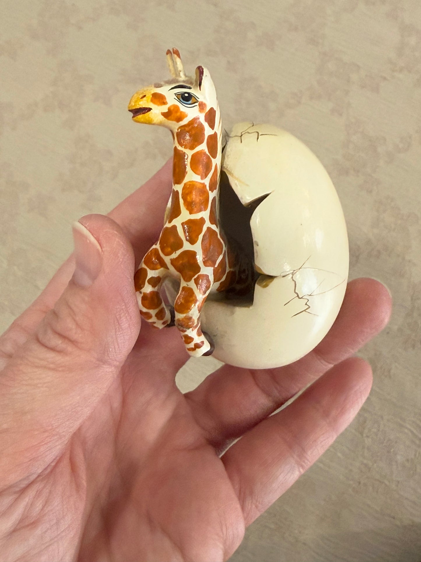 🦒 Vintage Artist-Signed Giraffe Hatching From Ceramic Egg