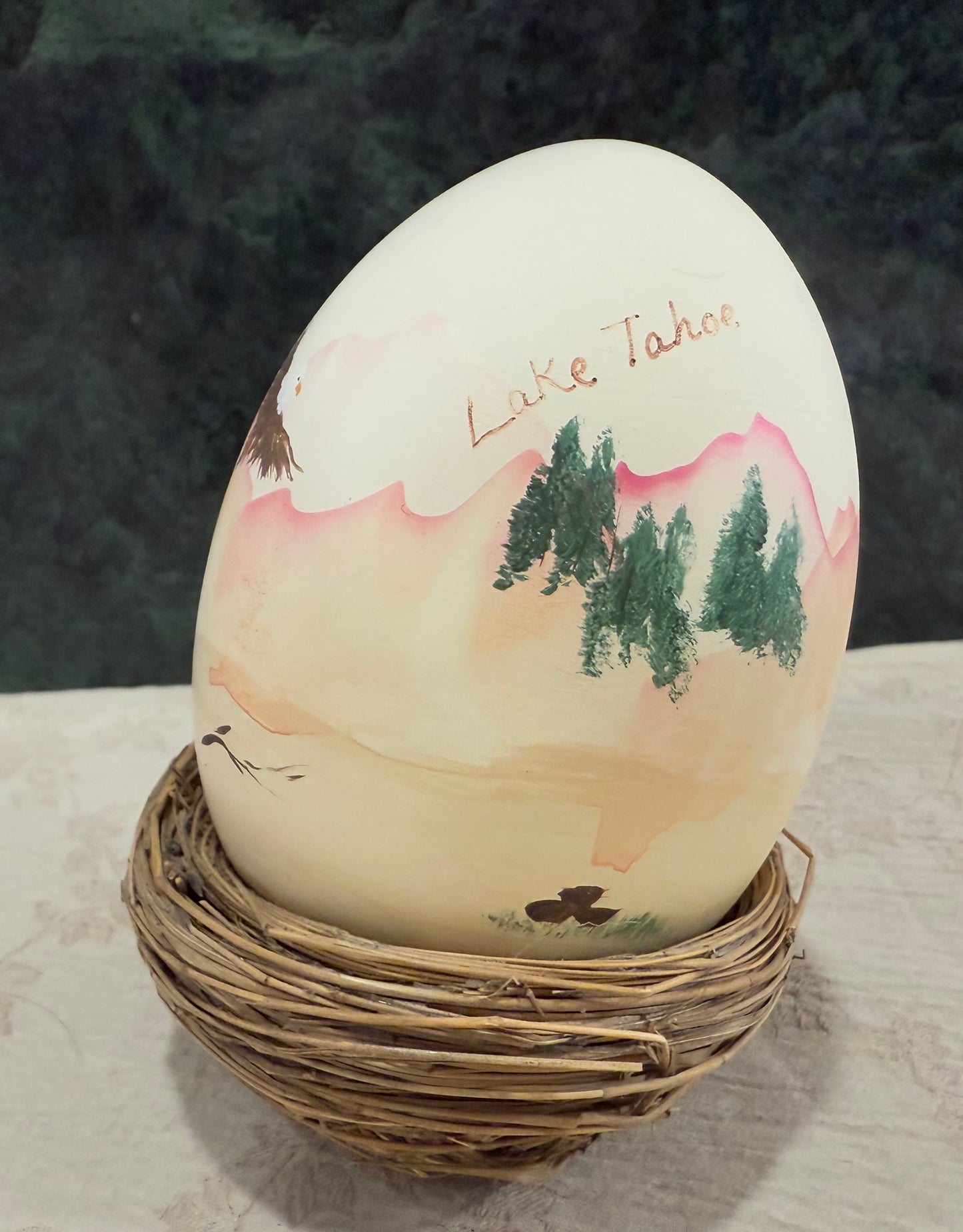 🏔️ Hand-Painted “Lake Tahoe” Decorative Easter Egg in Natural Twig Nest