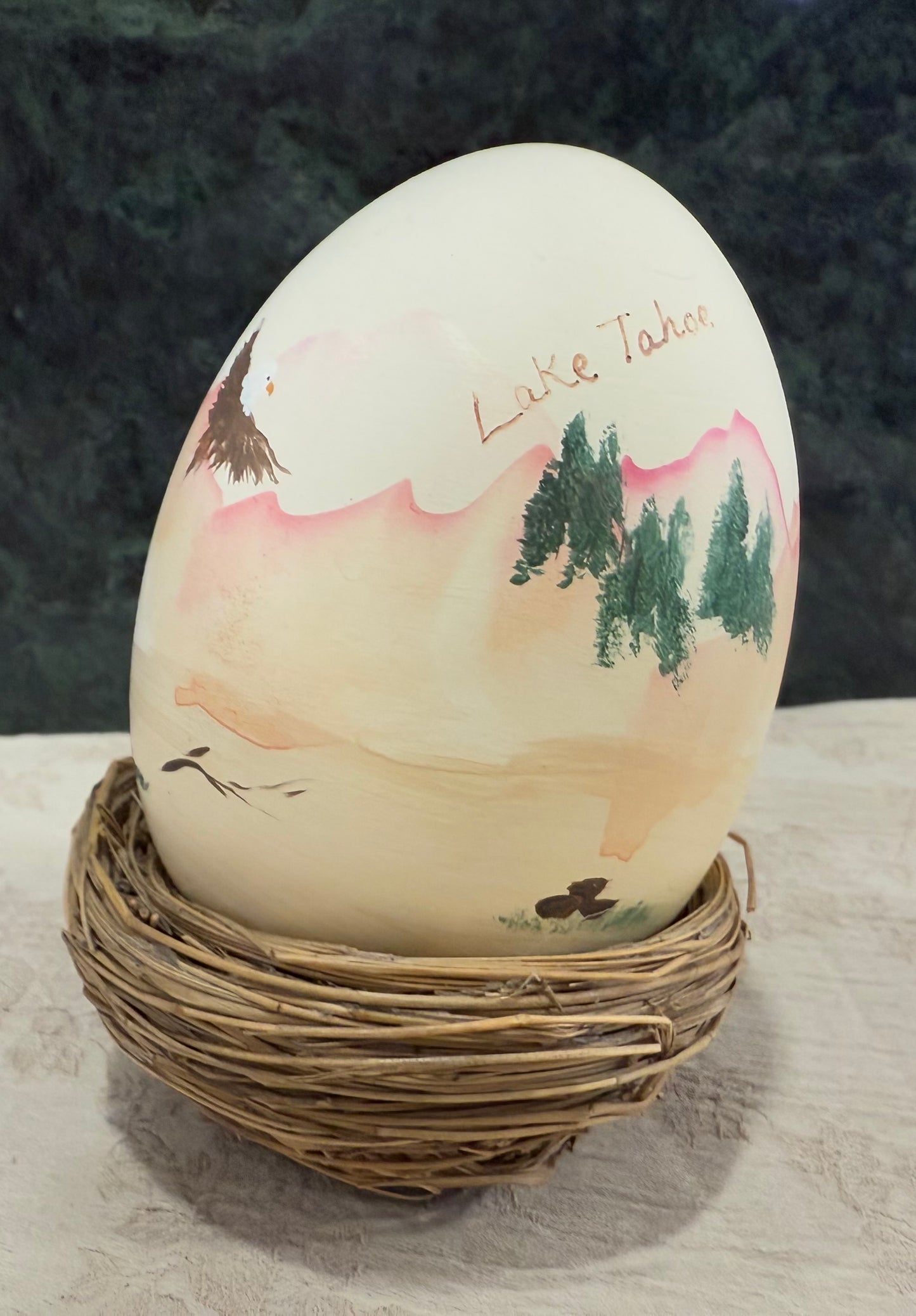 🏔️ Hand-Painted “Lake Tahoe” Decorative Easter Egg in Natural Twig Nest
