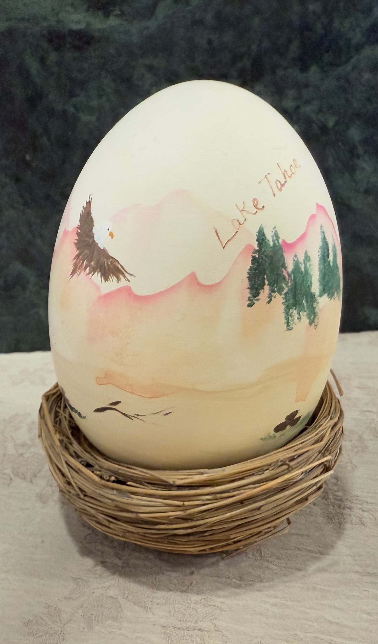 🏔️ Hand-Painted “Lake Tahoe” Decorative Easter Egg in Natural Twig Nest