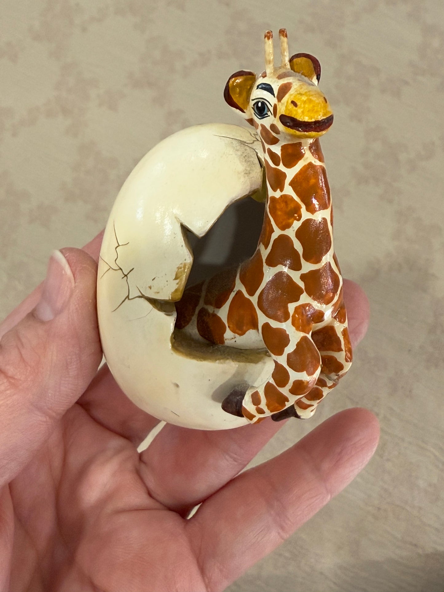 🦒 Vintage Artist-Signed Giraffe Hatching From Ceramic Egg