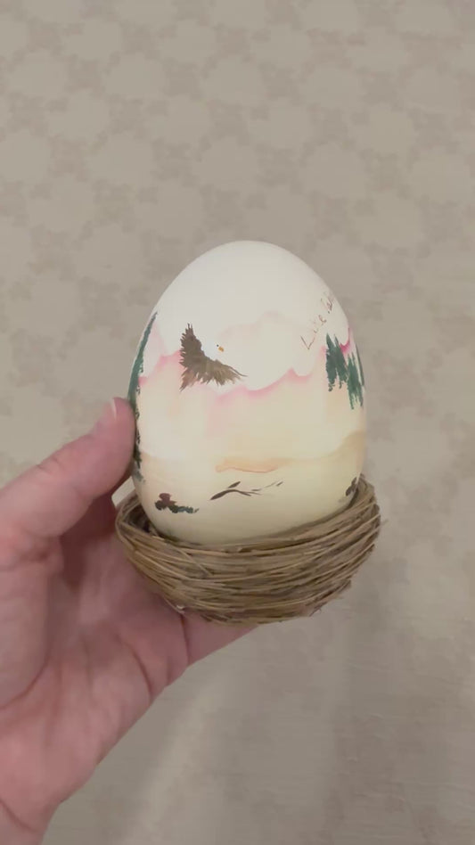 🏔️ Hand-Painted “Lake Tahoe” Decorative Easter Egg in Natural Twig Nest